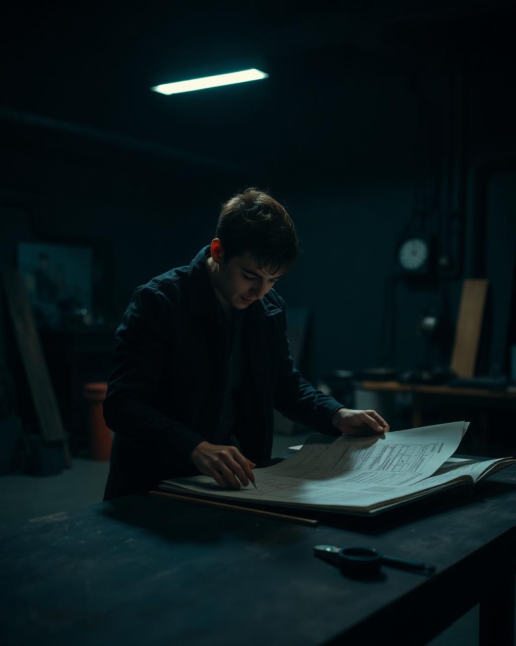 A young entrepreneur reviewing plans on a workshop table