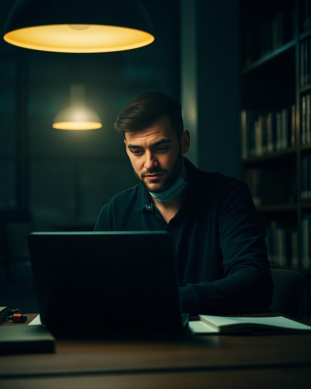 A man studying at a desk late at night