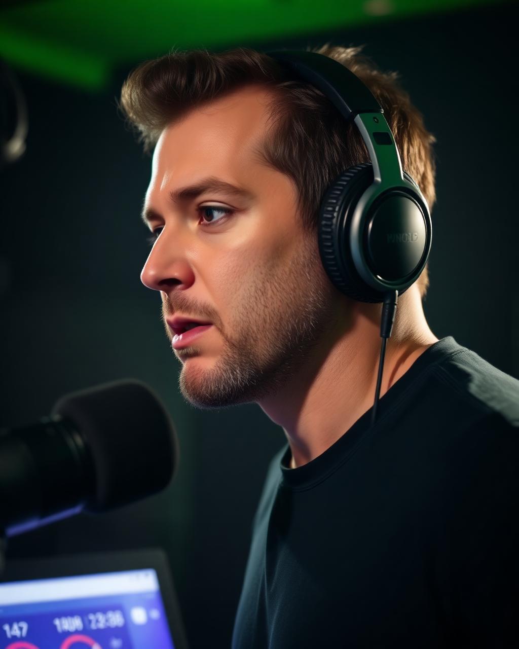 A man speaking into a broadcast microphone in a dark studio
